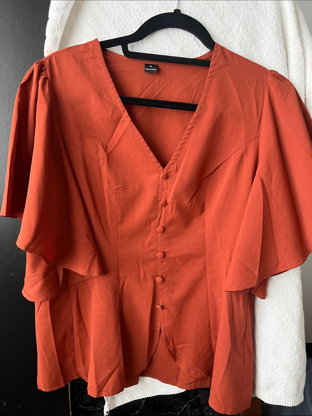 Flowy V-Neck Button Front Women’s Top in Rust
